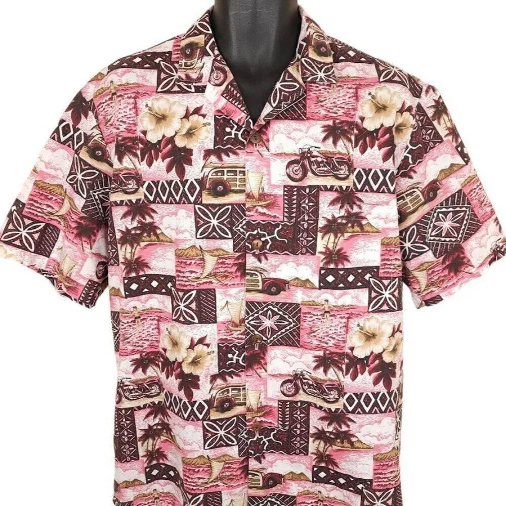 Vintage Royal Creations Hawaiian Shirt Mens Size Large Pink Woody Motorcycle USA